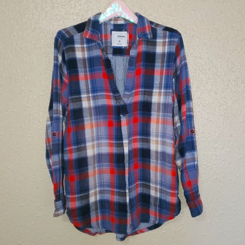 Women's Sonoma Blue Red White Plaid Flannel V Neck Top